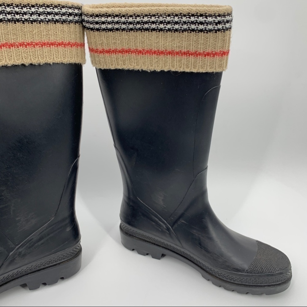BURBERRY LONDON CLASSIC CHECK PLAID LOGO BLACK RUBBER TALL KNIT RAIN BOOTS - Picture 6 of 8